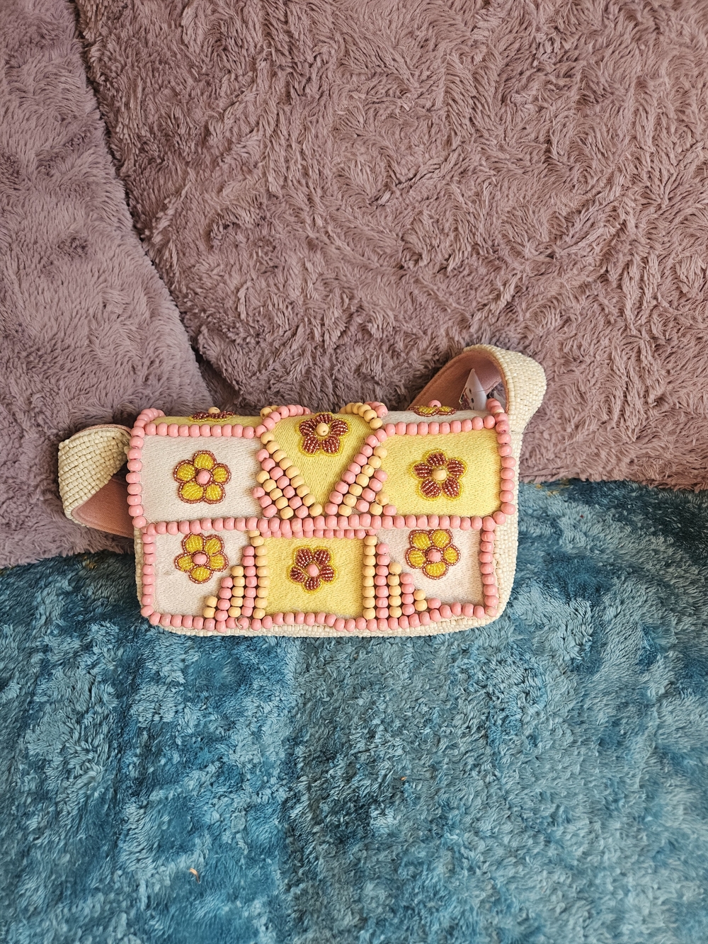 Express Pink & Yellow Beaded Floral Crossbody Bag